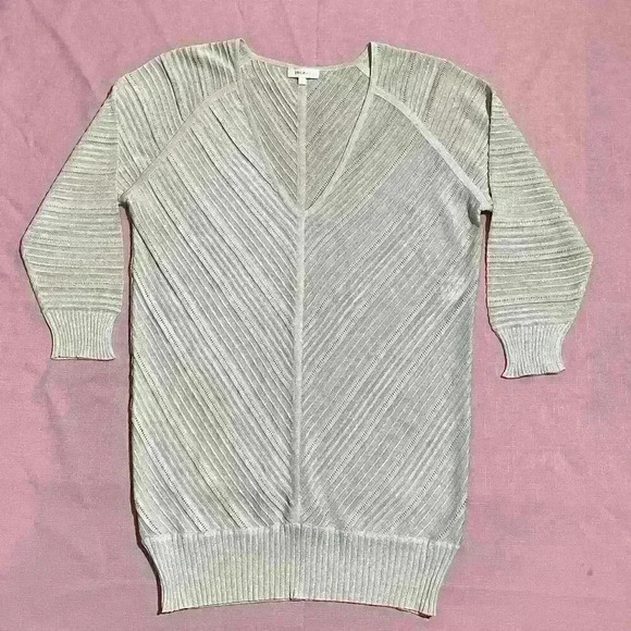 Escada Shimmer Metallic V Neck Half Sleeve Top Blouse Ribbed Semi Sheer Striped - Picture 2 of 11